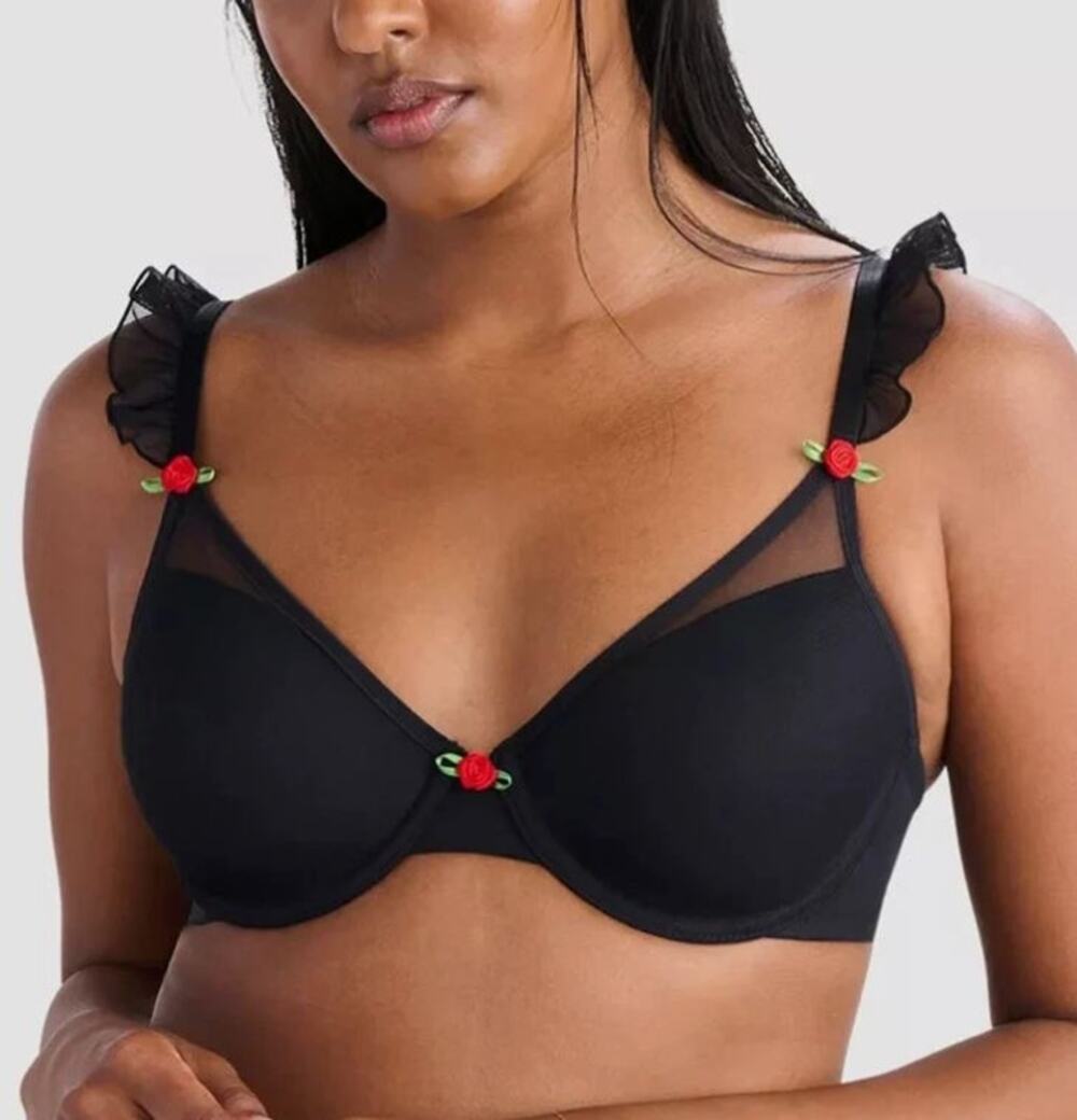 Parade Womens Size L Bra Black Rosettes Silky Mesh Flutter Strap T-Shirt Bra